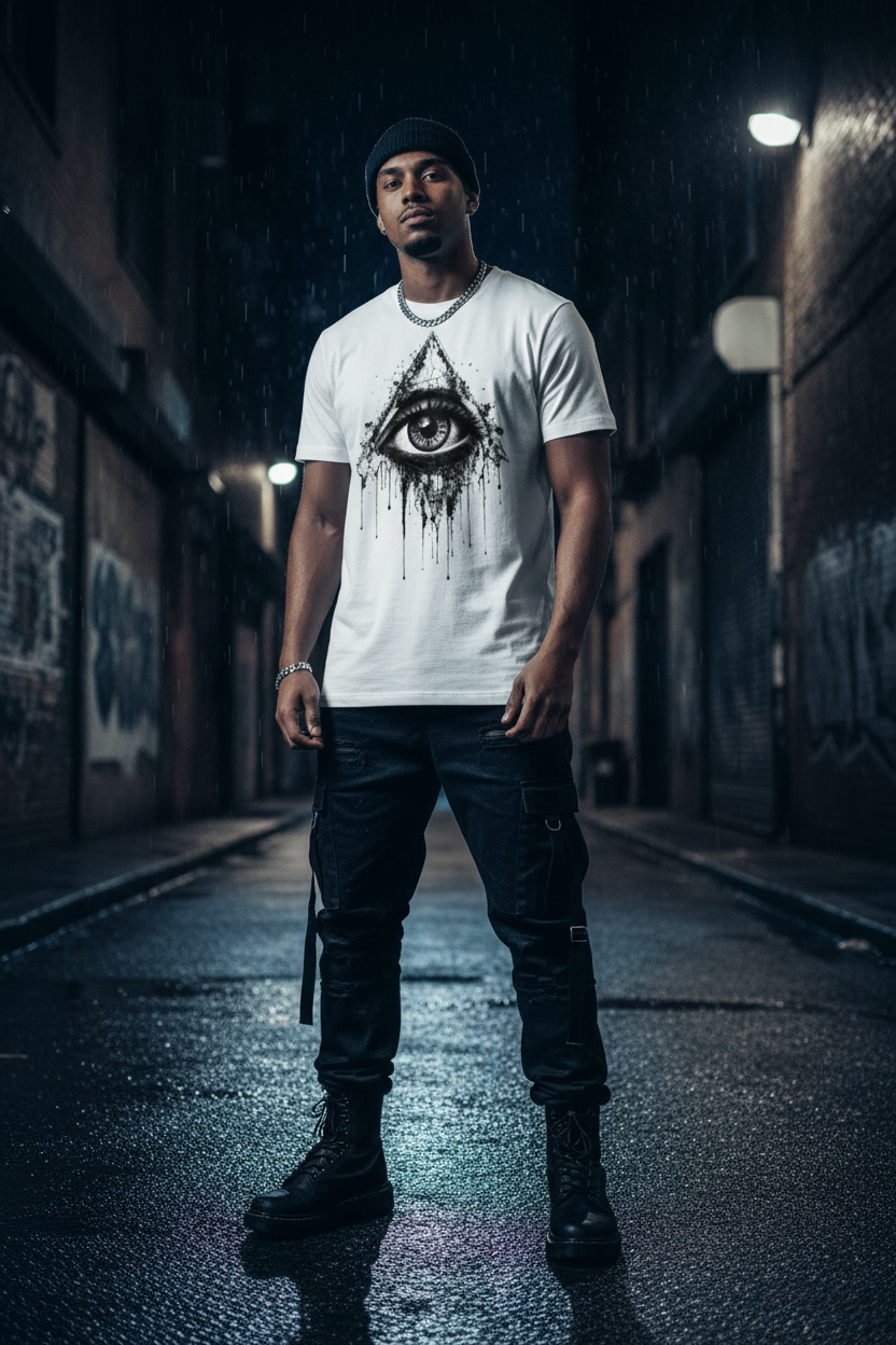 Man wearing a white T-shirt with centered all-seeing eye graphic and drip accents