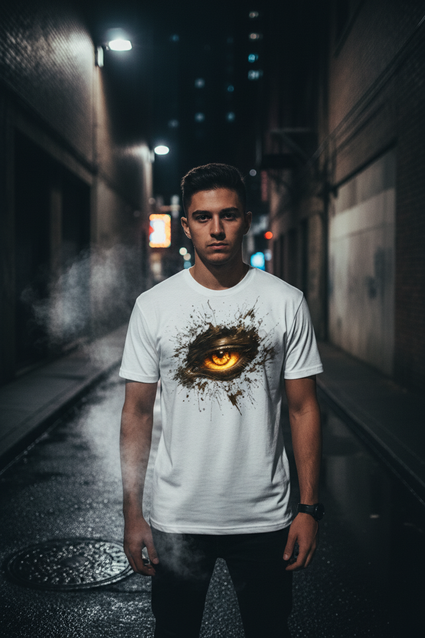 White T-shirt with glowing eye ink-splash graphic, worn by a man.
