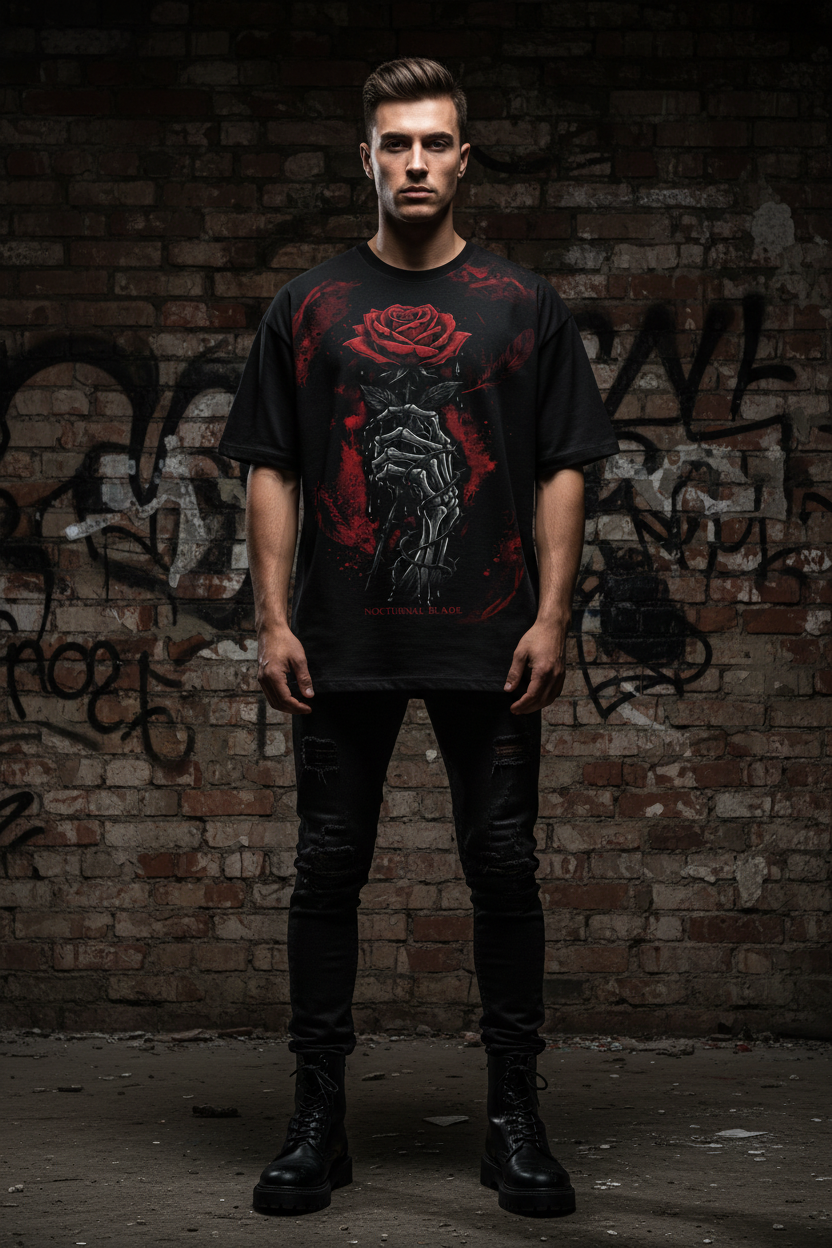 Men's graphic T-shirt, black with red rose and dark armored figure front print