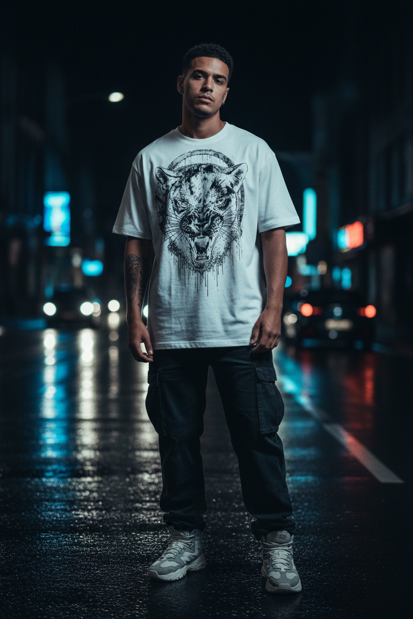 Men's panther ink splatter T-shirt, light gray, worn by model with panther graphic