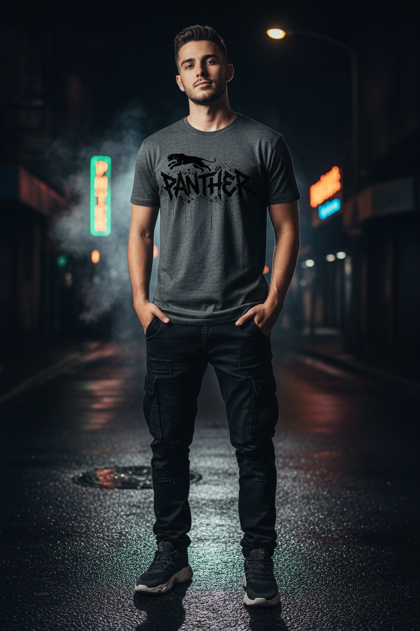 Men's dark grey heather t-shirt worn by a man with 'PANTHER' graphic on front