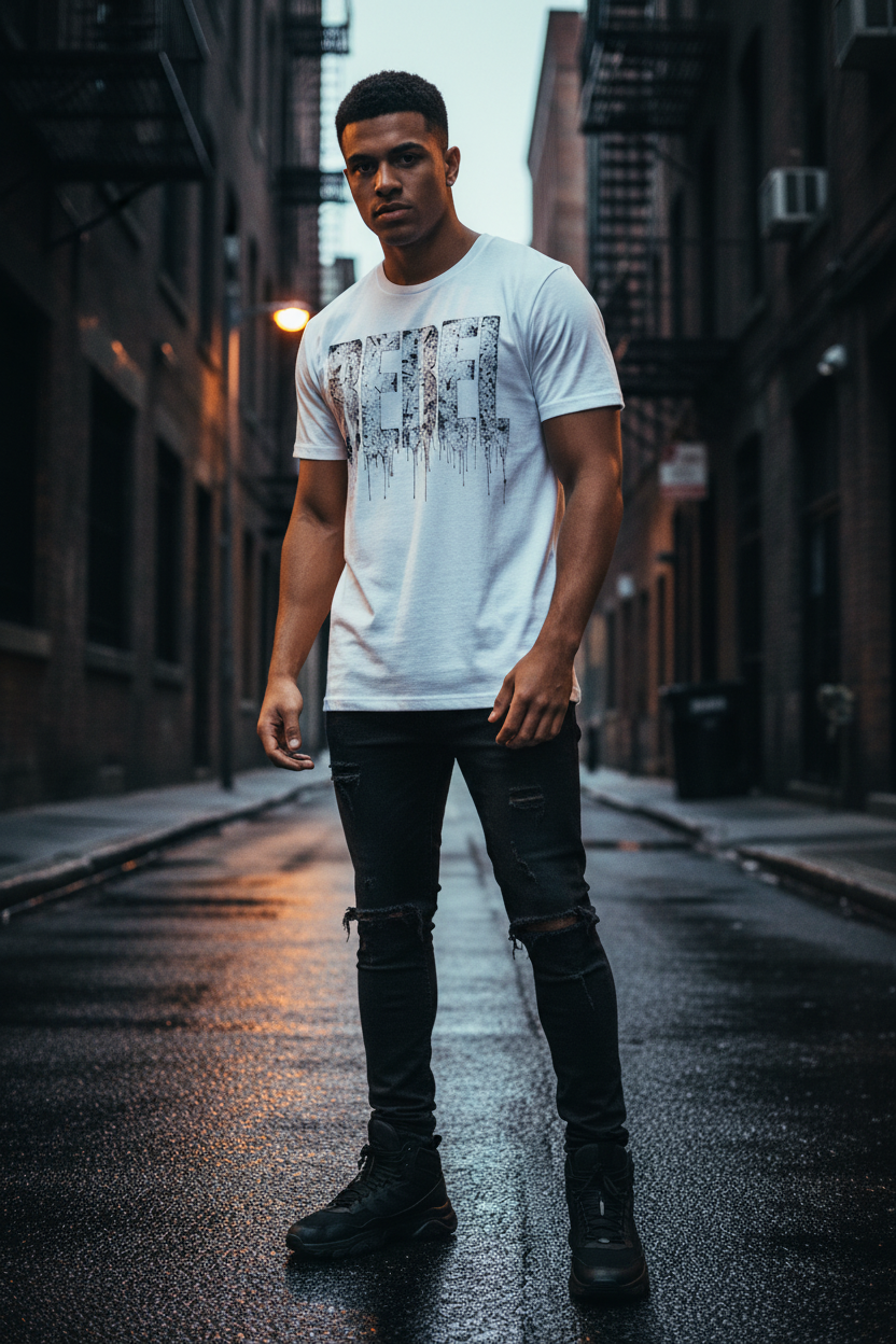 Men's Rebel Ink Splash Graphic T-shirt on model, white with black dripping REBEL print
