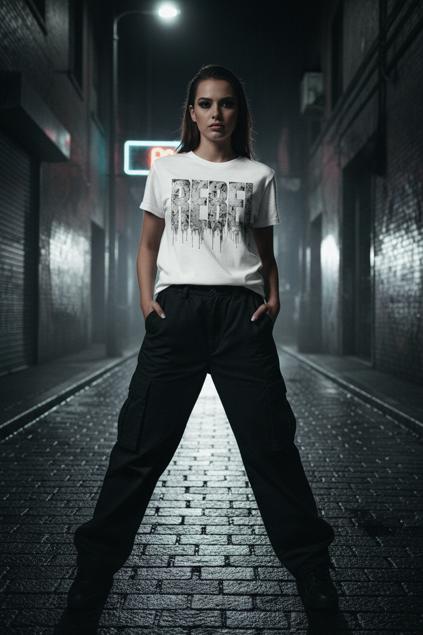 Women's t-shirt with REBEL dripping graphic, crew neck, short sleeves, styled with black pants.