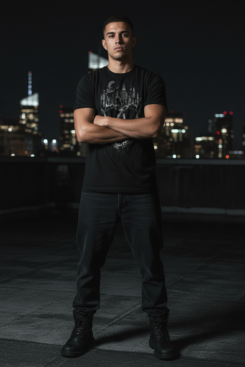 Men's graphic T-shirt on model, black with skull and city skyline print