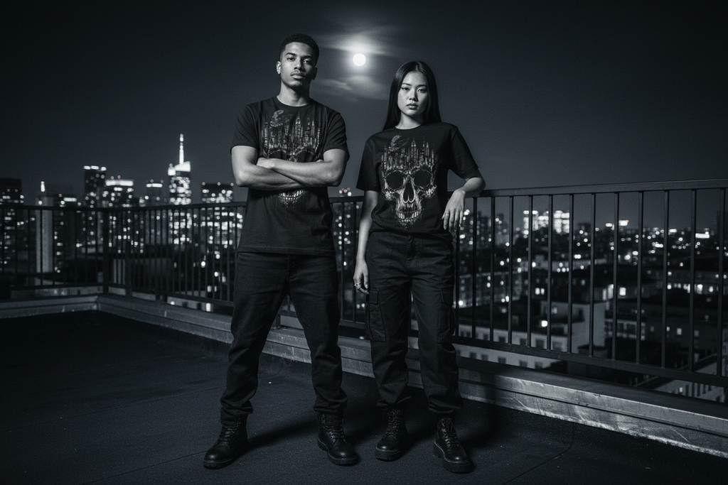 Skull with City Skyline at Midnight — Unisex Graphic T-Shirt | Ink Drop Co.