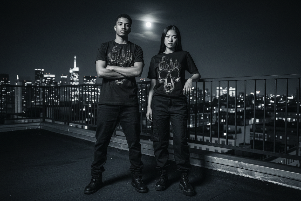Skull with City Skyline at Midnight — Unisex Graphic T-Shirt | Ink Drop Co.