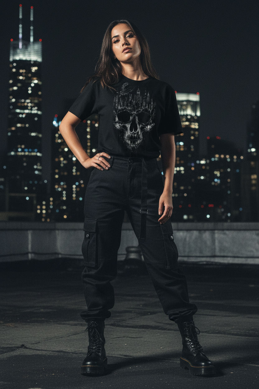 Skull with City Skyline at Midnight — Women's Graphic T-Shirt | Ink Drop Co.