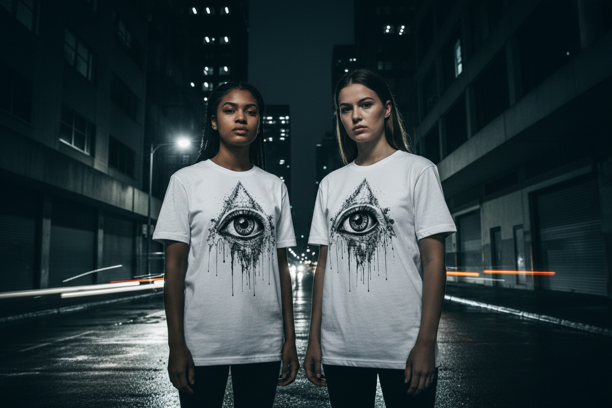 Pair of unisex white t-shirts with black all-seeing eye splash graphic and dripping ink