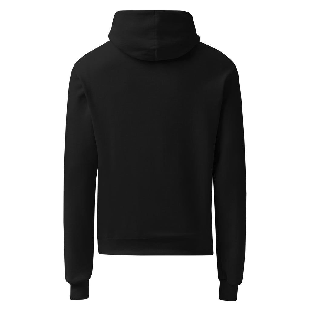 Black unisex champion hoodie, plain back view with drawstring hood