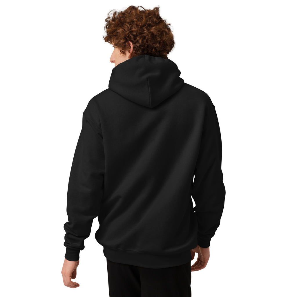 Back view of black hoodie with plain fabric and drawstring hood