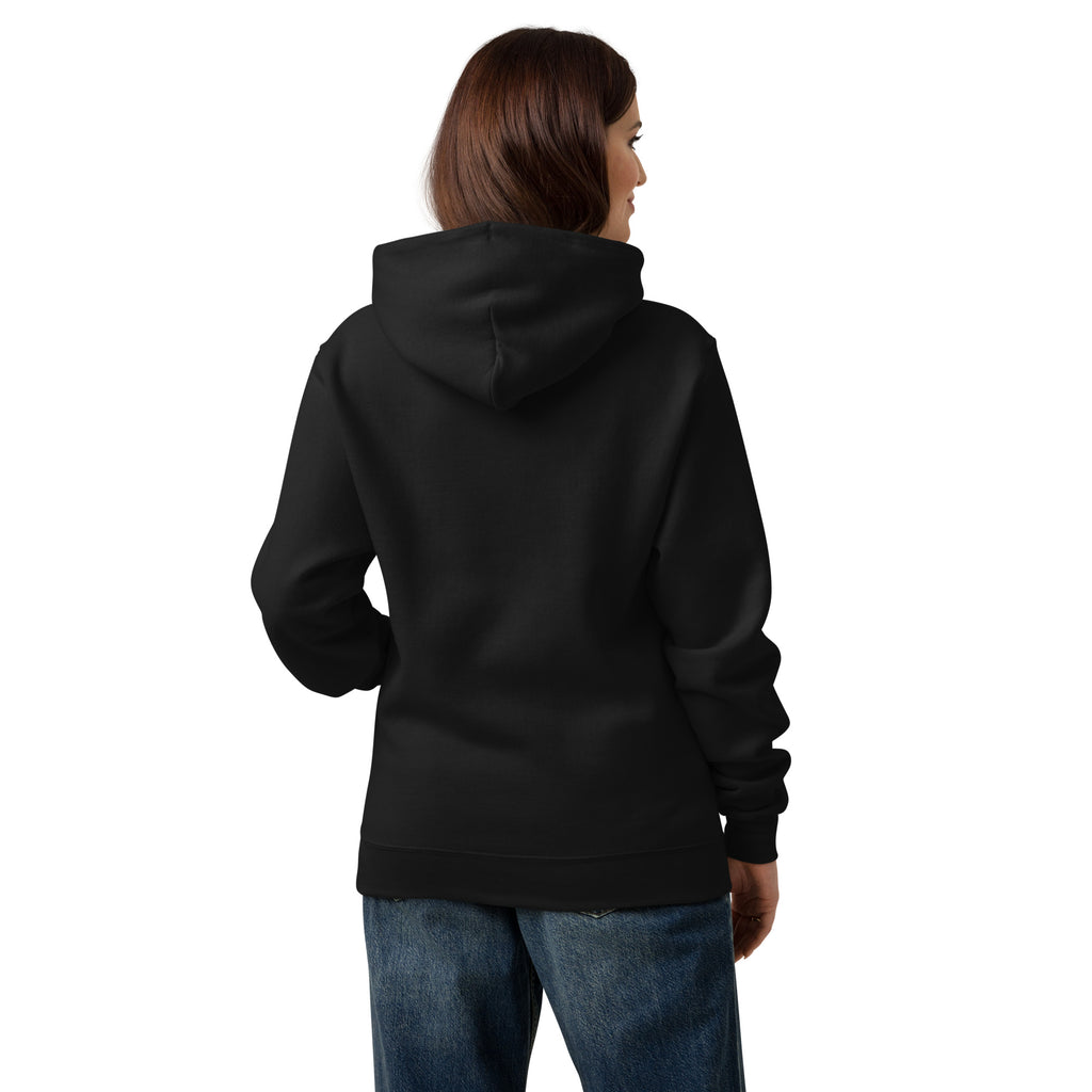 Back view of black Champion hoodie with plain fabric and drawstring hood
