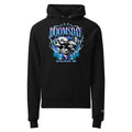 Black unisex graphic champion hoodie with blue DOOMSDAY skull artwork on the chest