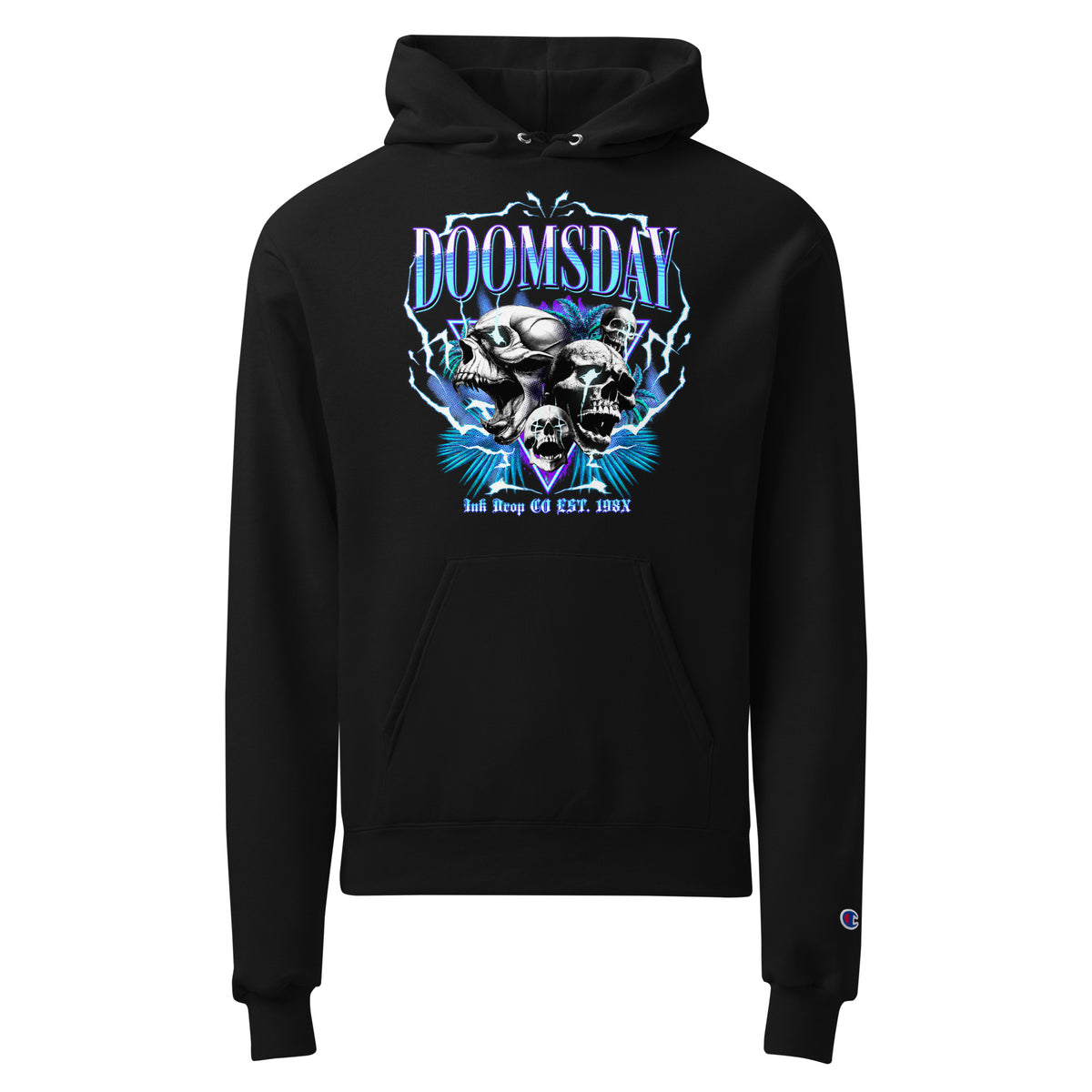 Black unisex graphic champion hoodie with blue DOOMSDAY skull artwork on the chest