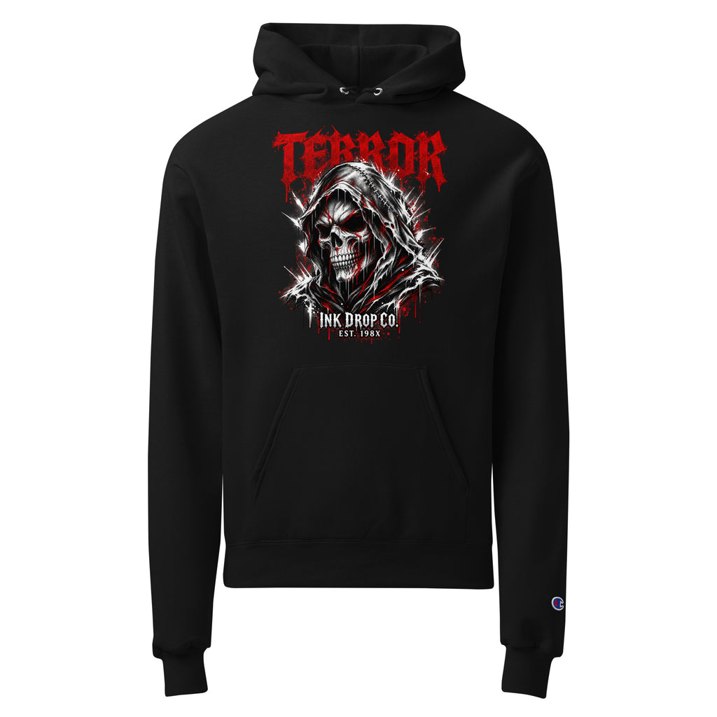 Black unisex hoodie with front skull graphic and red "TERROR" text