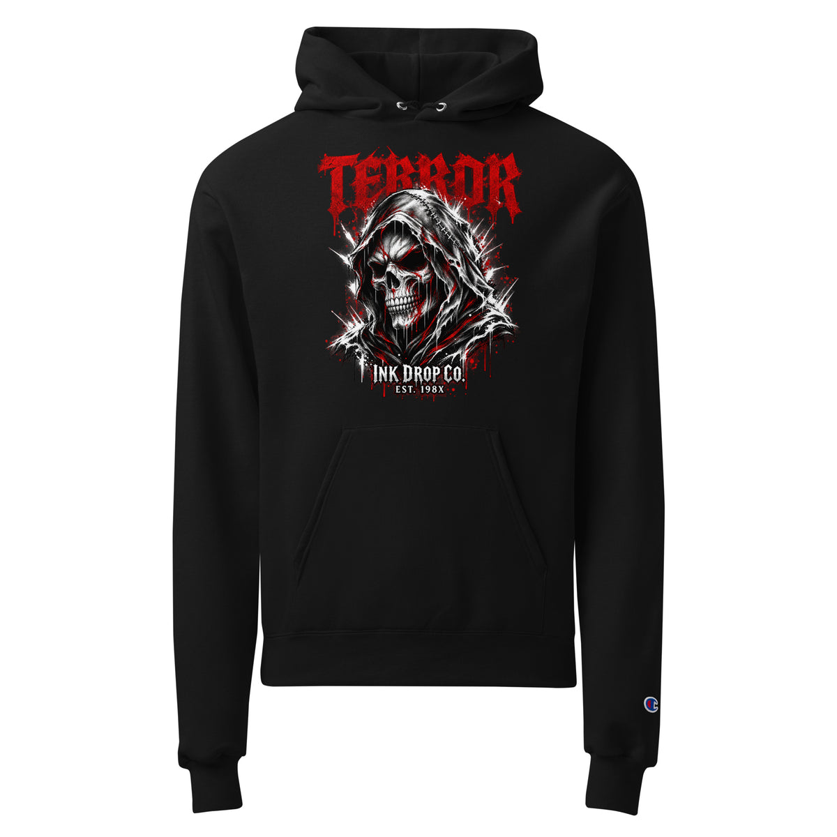 Black unisex hoodie with front skull graphic and red "TERROR" text