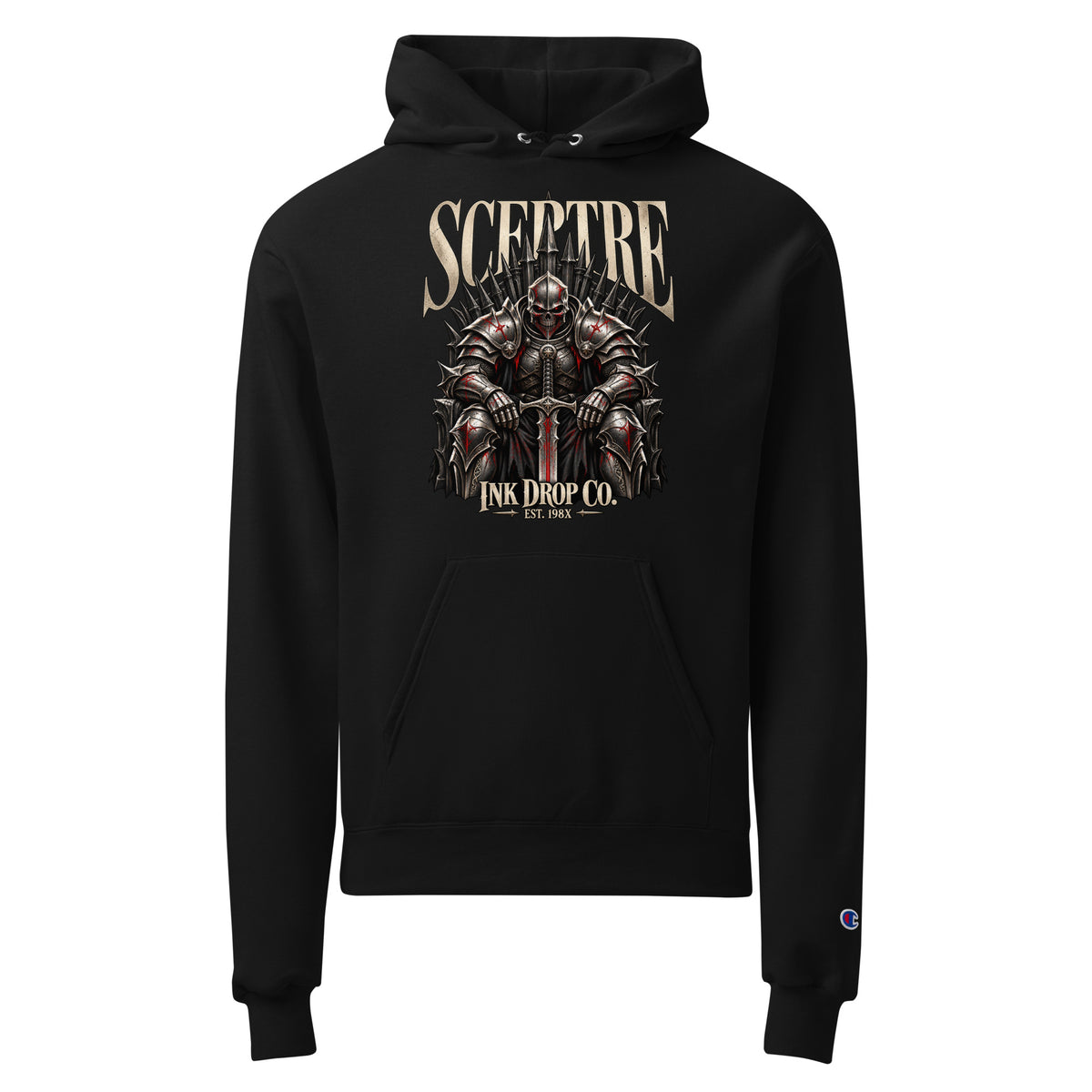 Black unisex pullover hoodie with SCEPTRE graphic on chest, hood and drawstrings