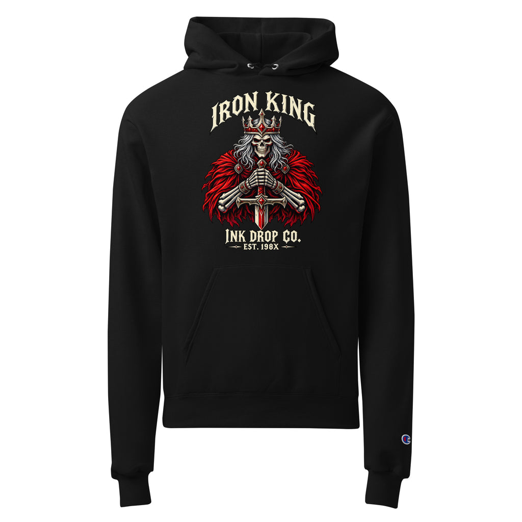 Unisex black graphic hoodie with front Iron King skull-and-wings print