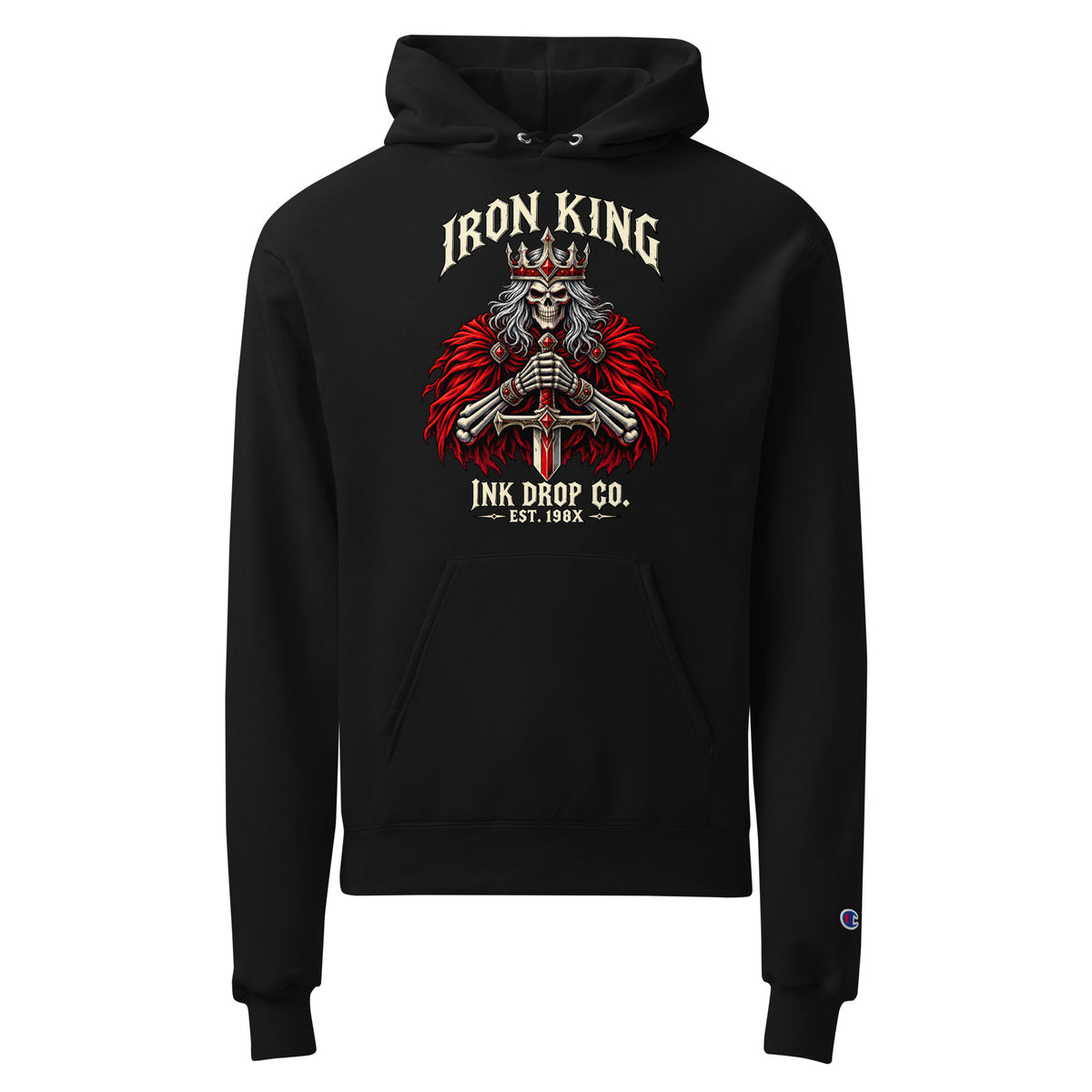 Unisex black graphic hoodie with front Iron King skull-and-wings print
