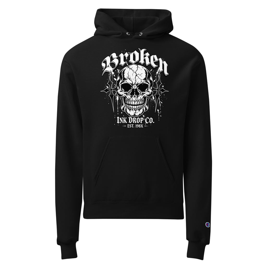 Black unisex pullover hoodie with front skull graphic and drawstring hood