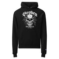 Black unisex pullover hoodie with front skull graphic and drawstring hood