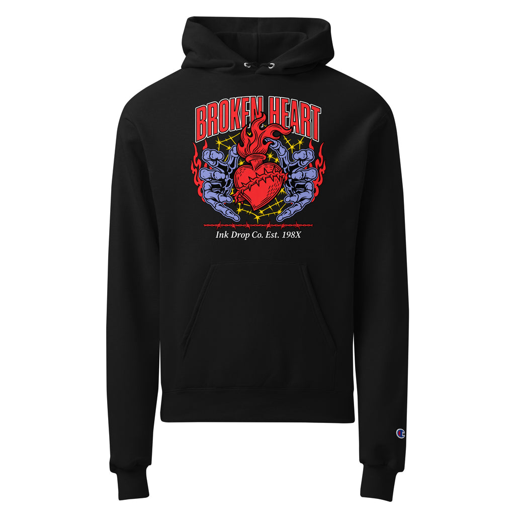 Champion black unisex hoodie with Broken Heart graphic on front and kangaroo pocket