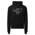 Unisex black graphic hoodie with hood, drawstrings, kangaroo pocket, and chest text print