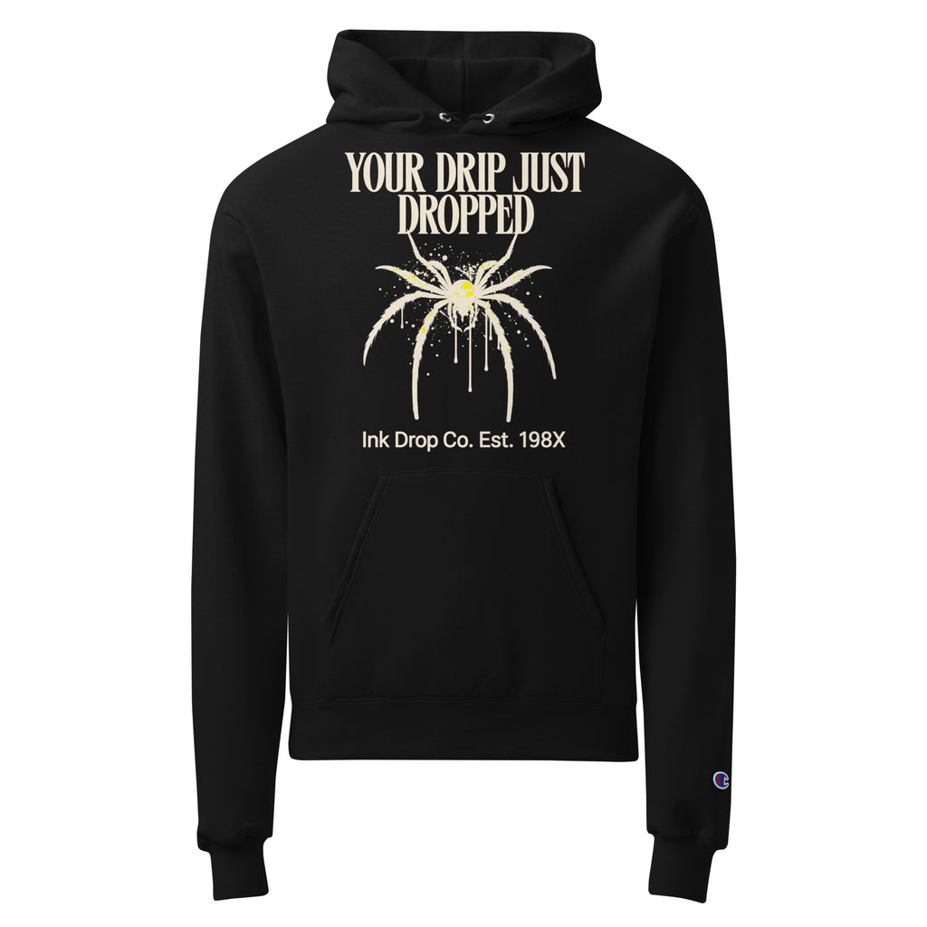 Black unisex pullover hoodie with front graphic text and ink drip illustration, kangaroo pocket