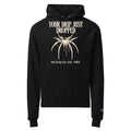 Black unisex pullover hoodie with front graphic text and ink drip illustration, kangaroo pocket