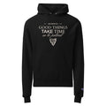 Black unisex pullover hoodie with "Good Things Take Time" chest graphic and pouch pocket