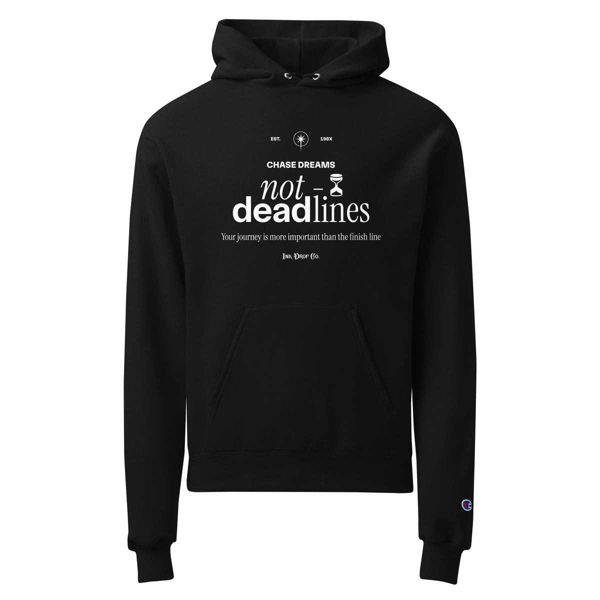 Black unisex pullover hoodie with chest graphic text and kangaroo pocket