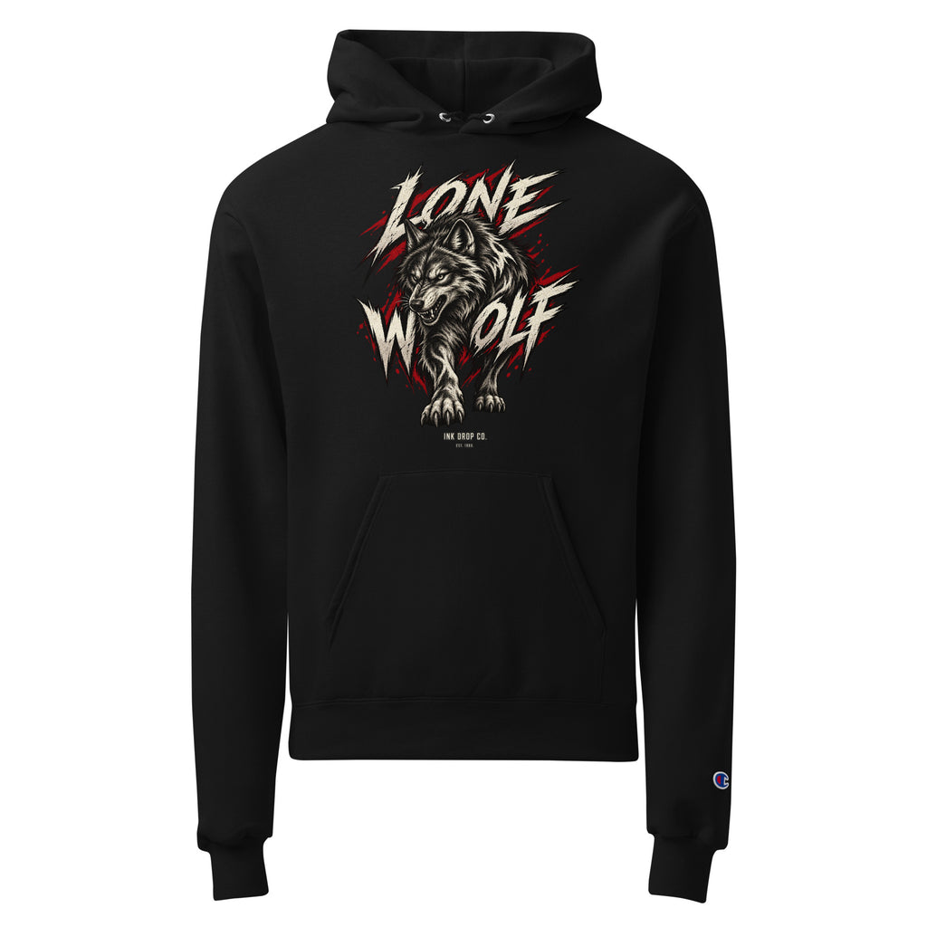 Black Champion hoodie with Lone Wolf wolf graphic and front kangaroo pocket