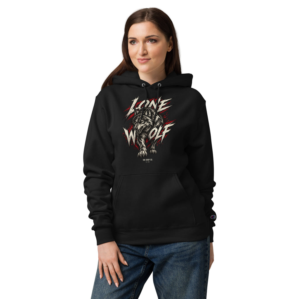 Woman wearing a black Lone Wolf Champion hoodie with a graphic and kangaroo pocket