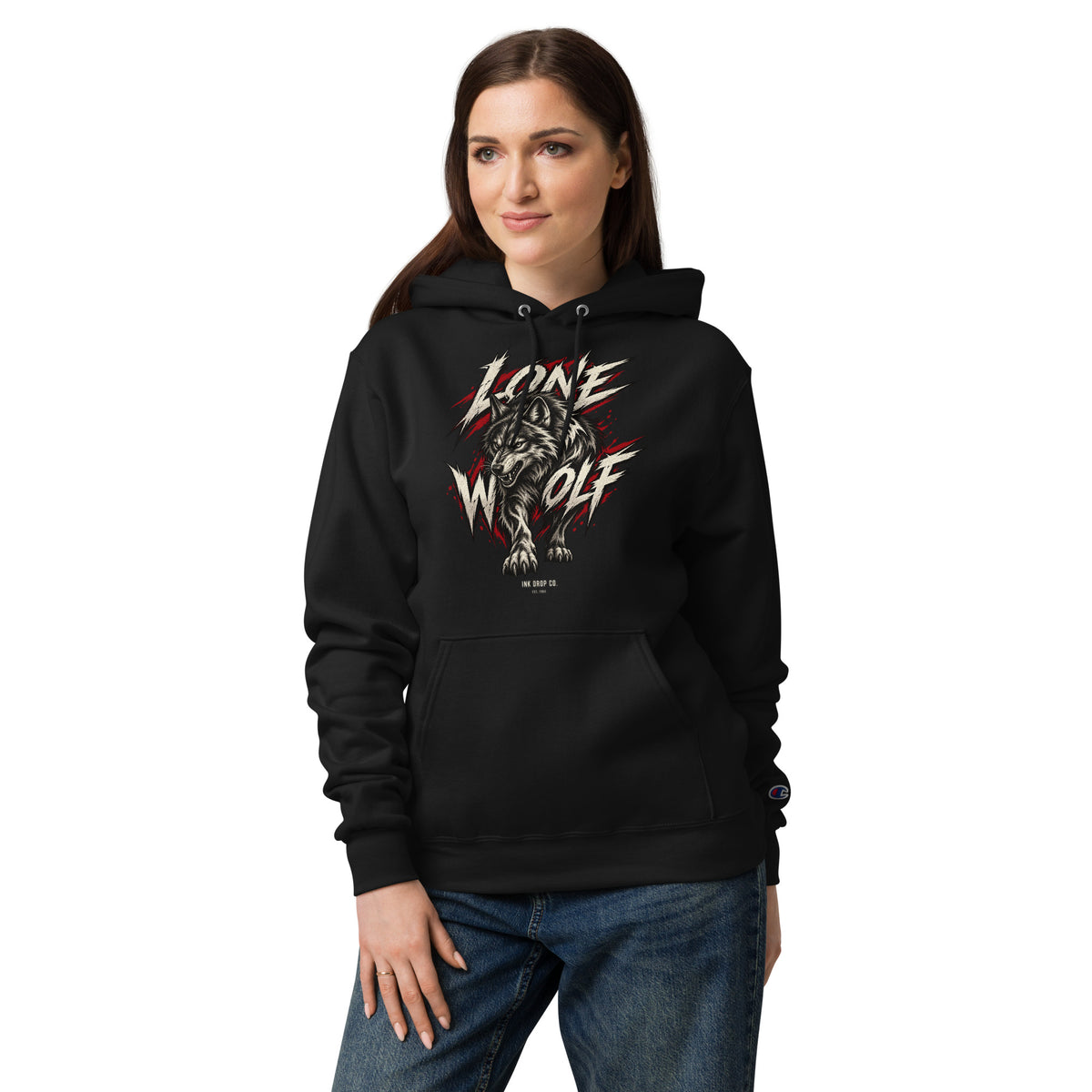 Woman wearing a black Lone Wolf Champion hoodie with a graphic and kangaroo pocket
