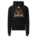 Black Champion hoodie with a hood, front pocket, and gothic hooded-figure graphic