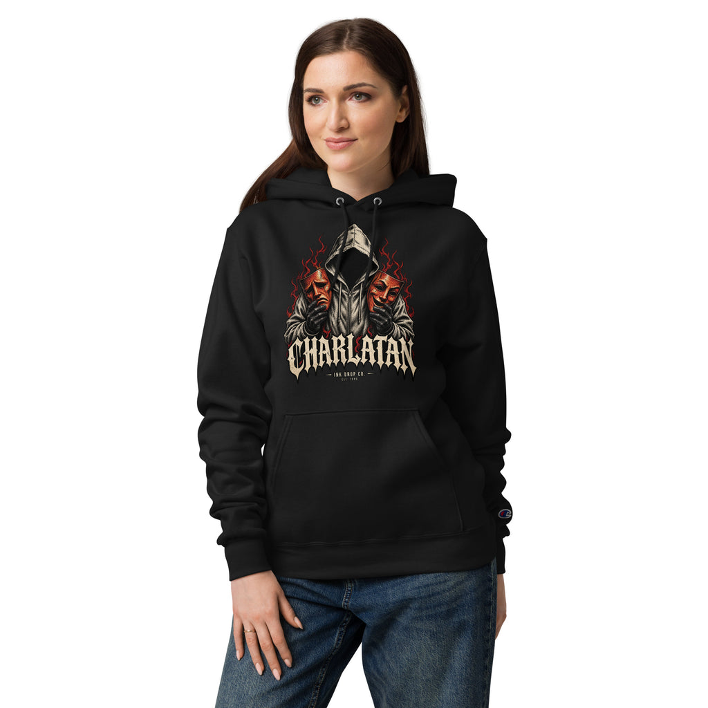 Black Champion hoodie with a gothic hooded-figure graphic and front pocket, modeled on a woman