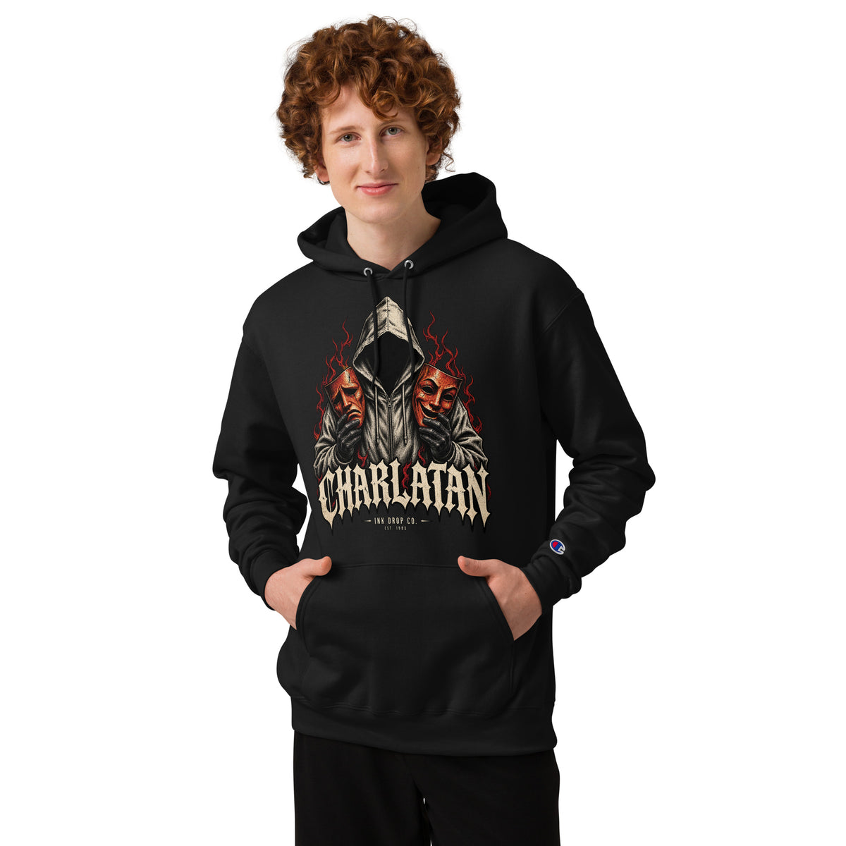 Black Champion hoodie with large gothic graphic and kangaroo pocket