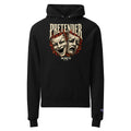 Black Champion hoodie with a theater mask graphic, front view