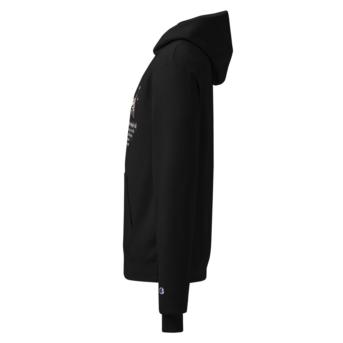 Black unisex pullover hoodie side view with hood, kangaroo pocket, and graphic detail