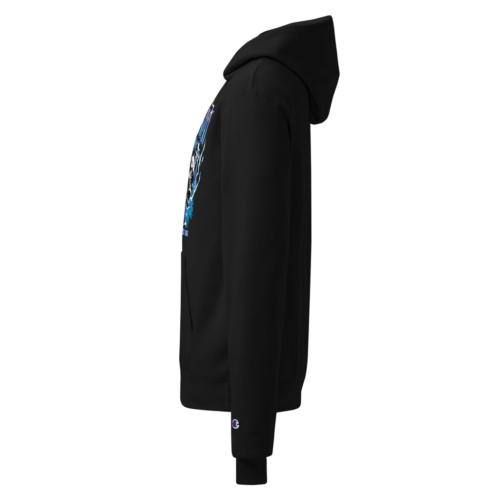 Black unisex champion hoodie with partial blue DOOMSDAY graphic on the side