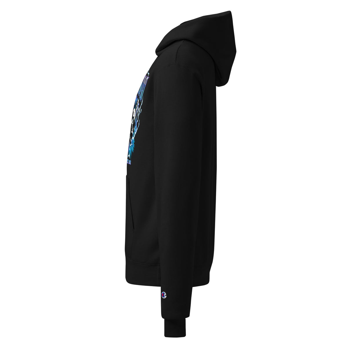 Black unisex champion hoodie with partial blue DOOMSDAY graphic on the side