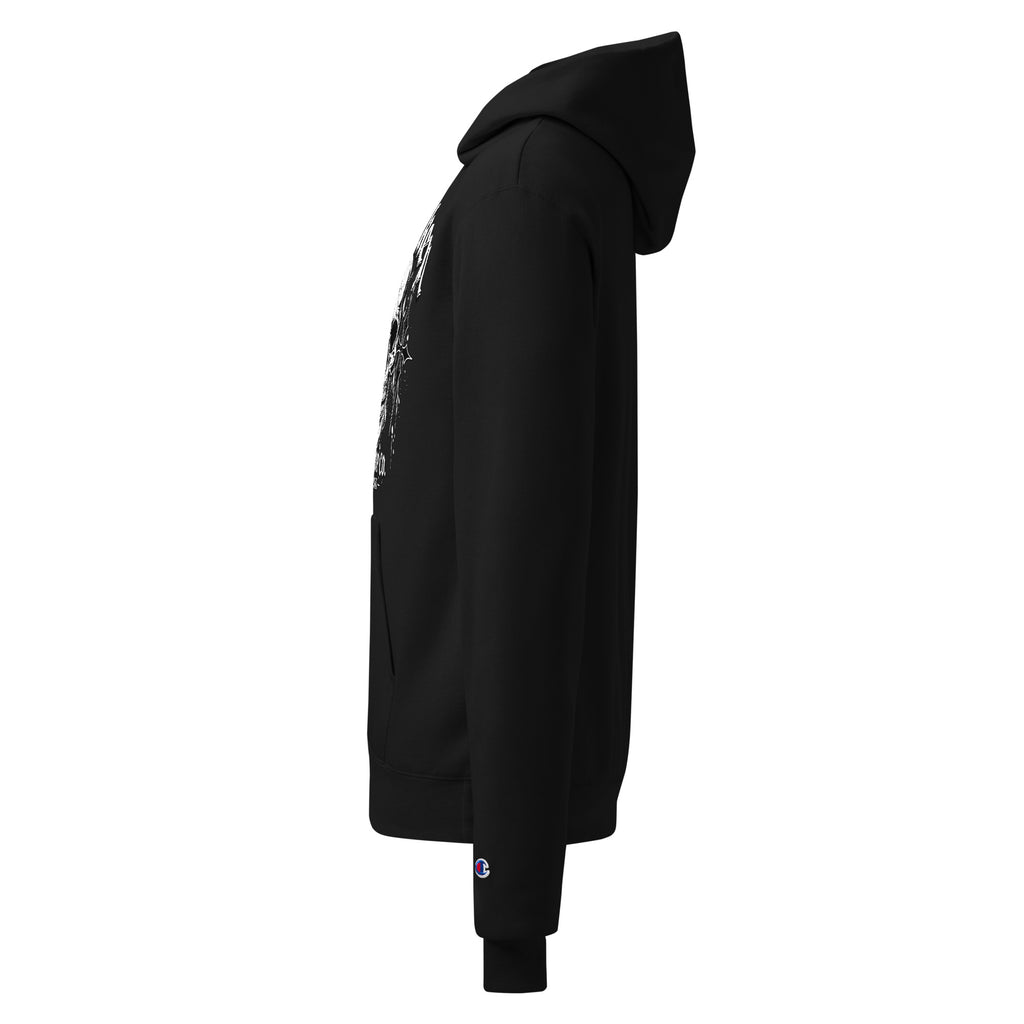 Black unisex pullover hoodie side view with front graphic partially visible