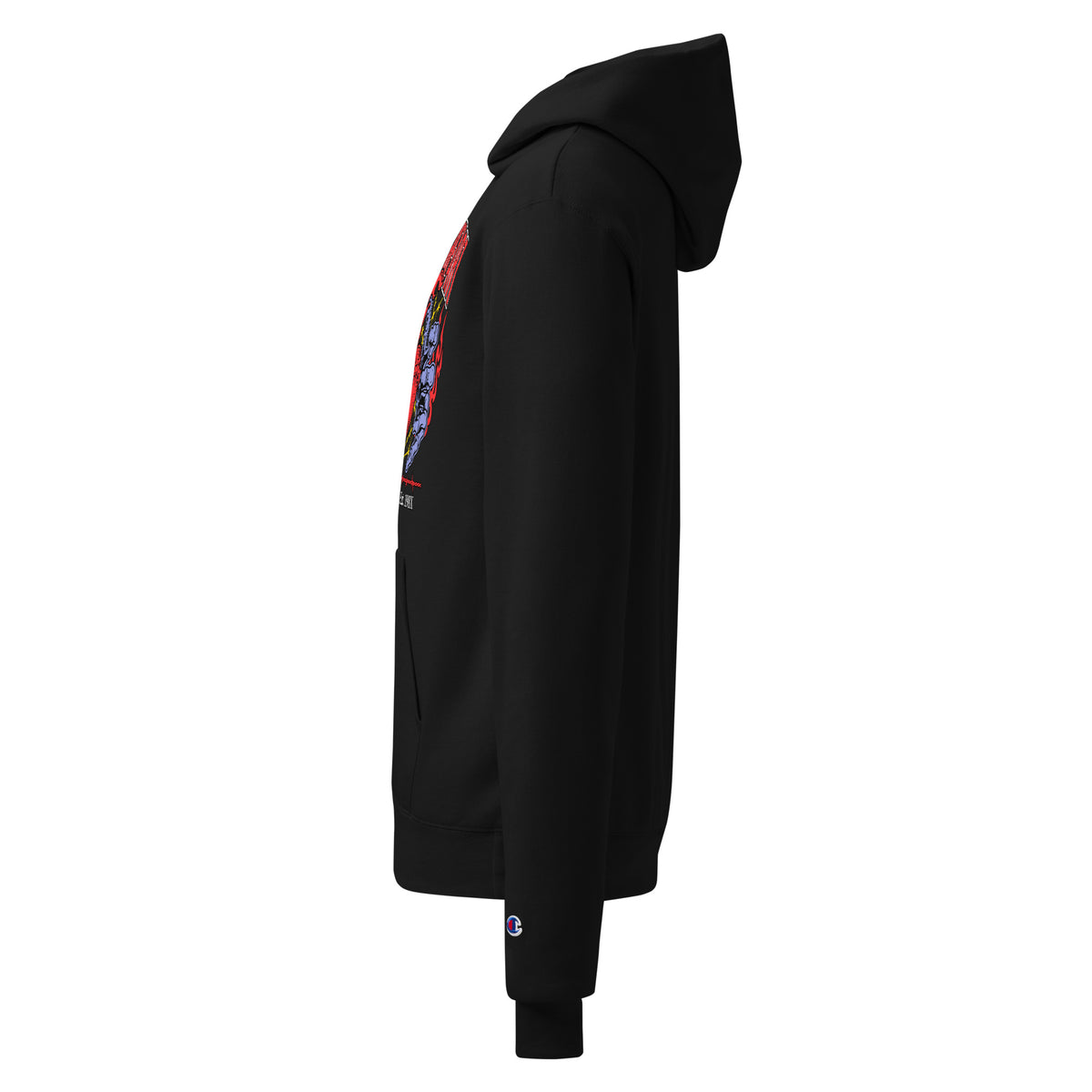 Champion black unisex hoodie side view with Broken Heart graphic on sleeve