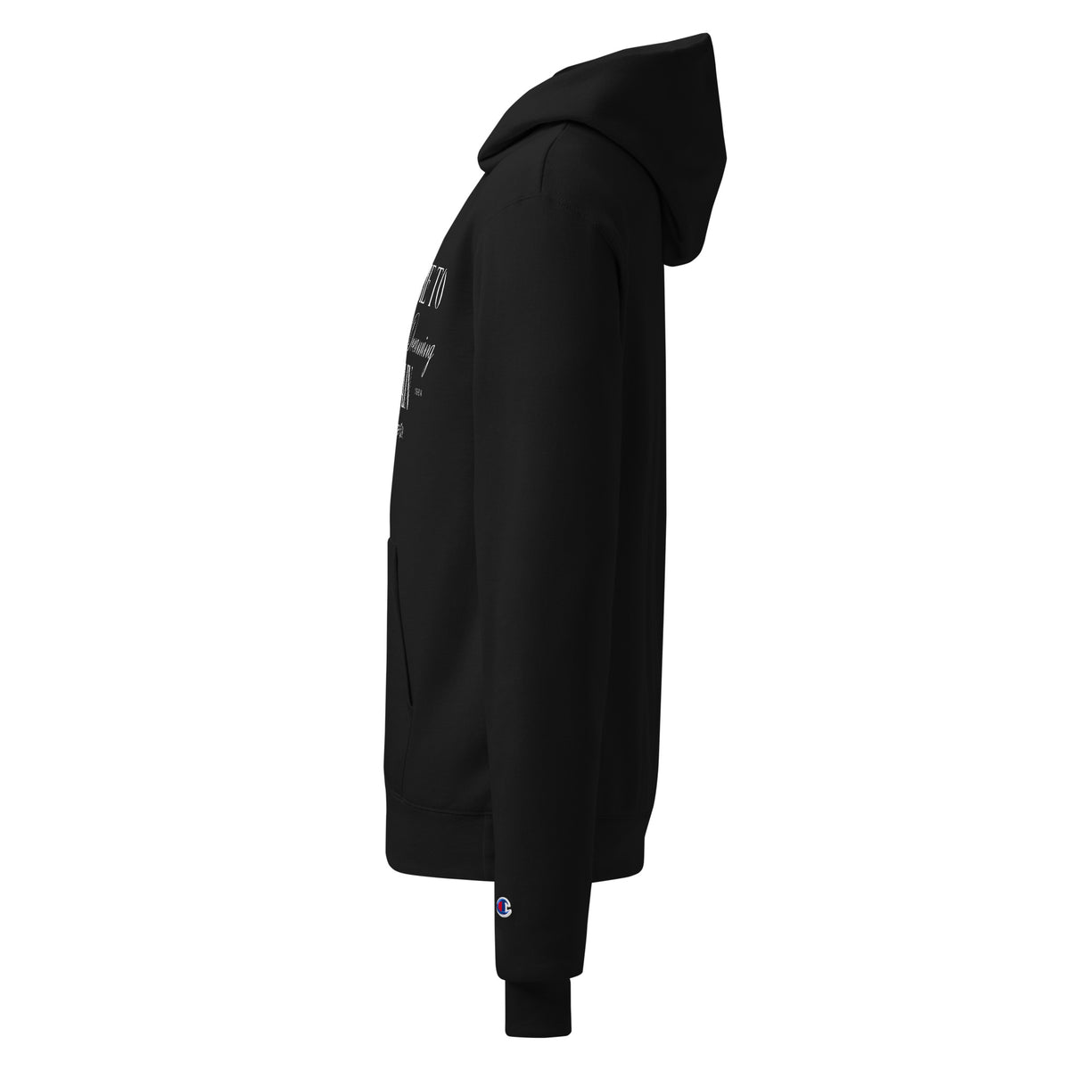 Unisex black hoodie in side profile with hood and sleeve logo detail