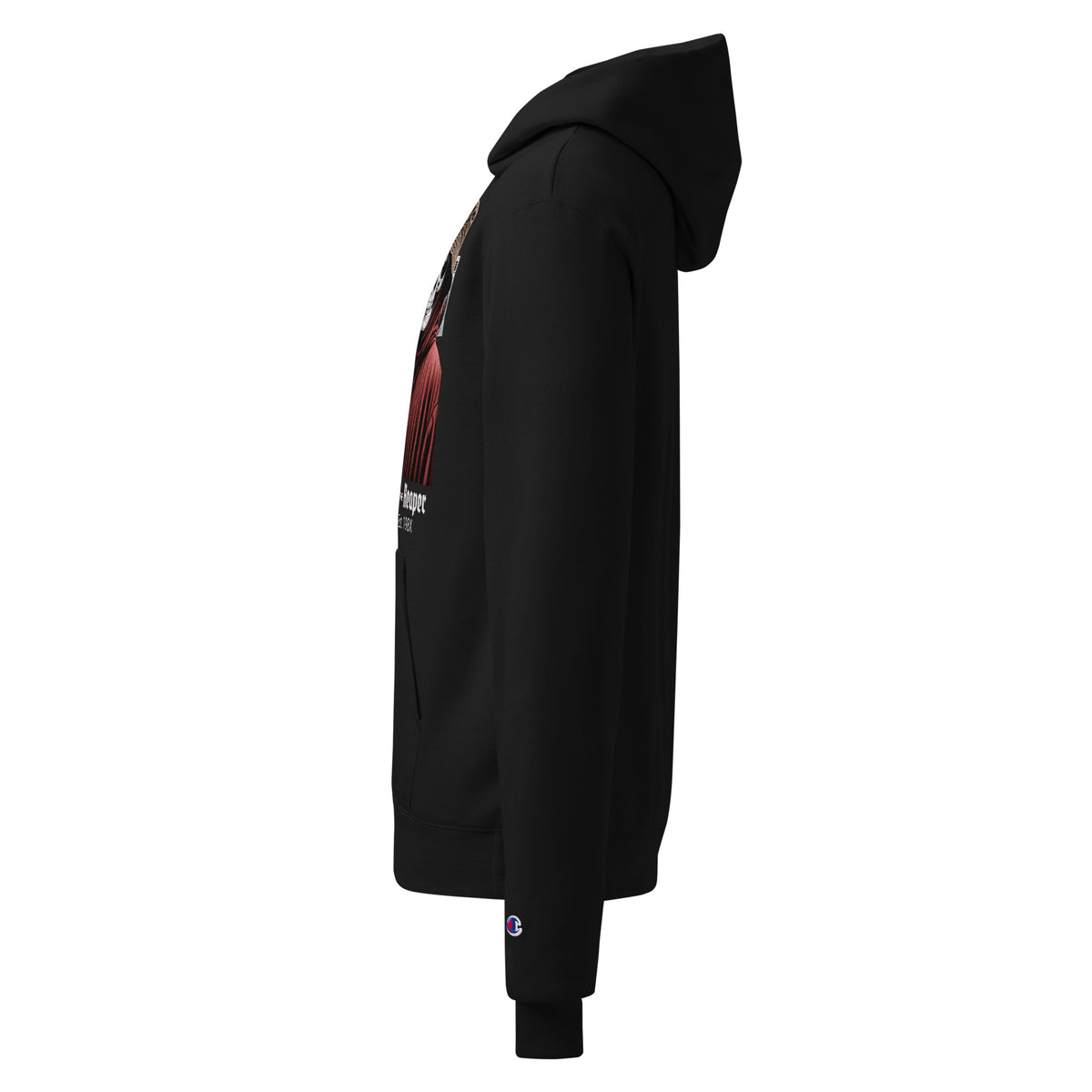 Unisex black pullover hoodie side view with partial front skull camcorder graphic
