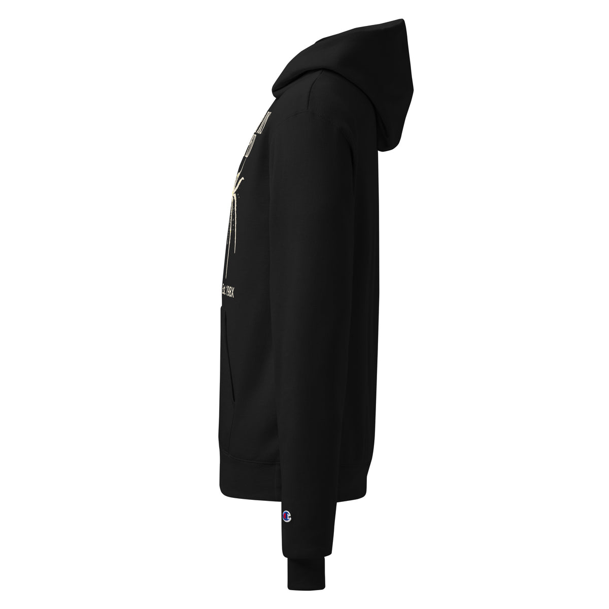 Black unisex pullover hoodie, side view with small graphic print near chest