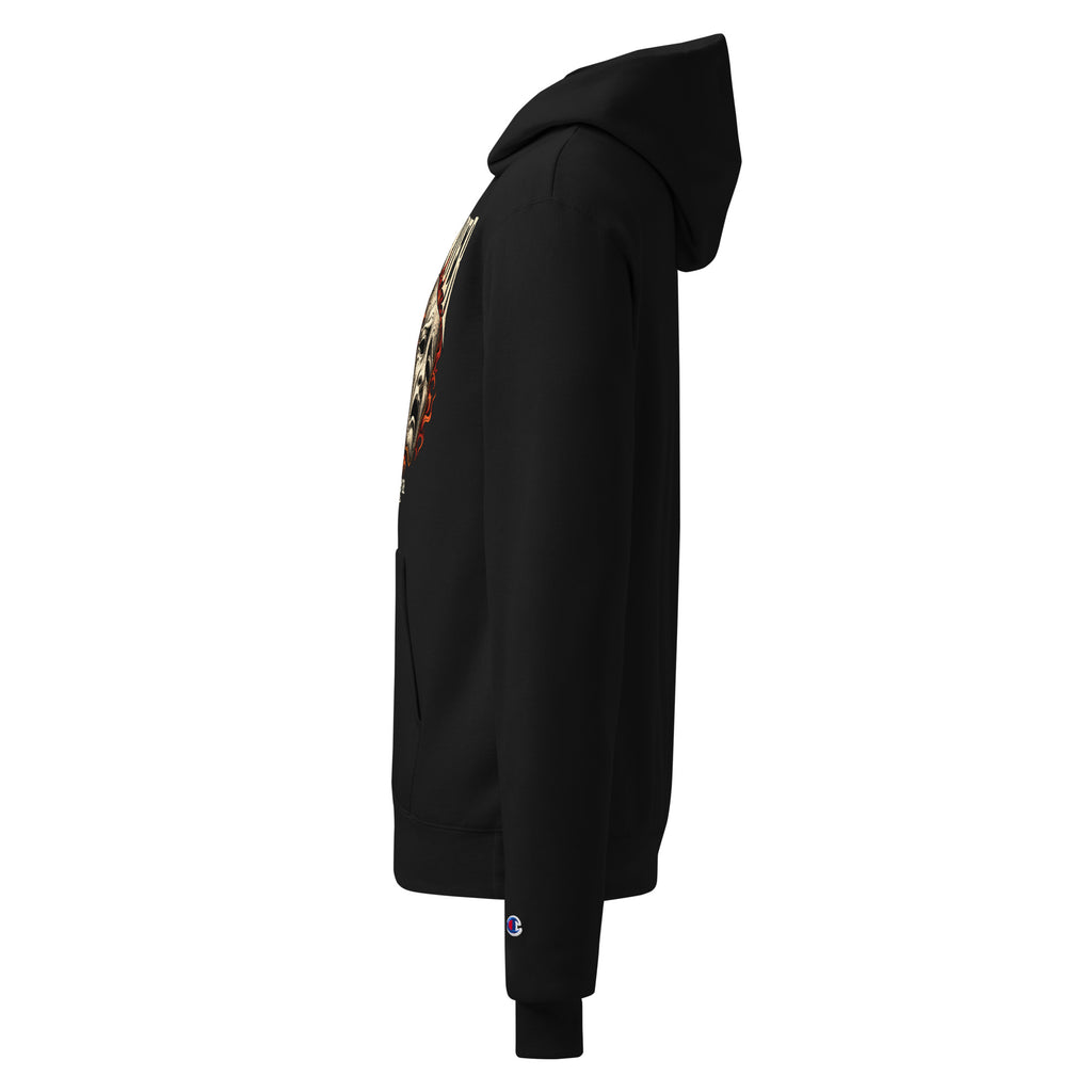 Side view of a black Champion hoodie with a front theater mask graphic