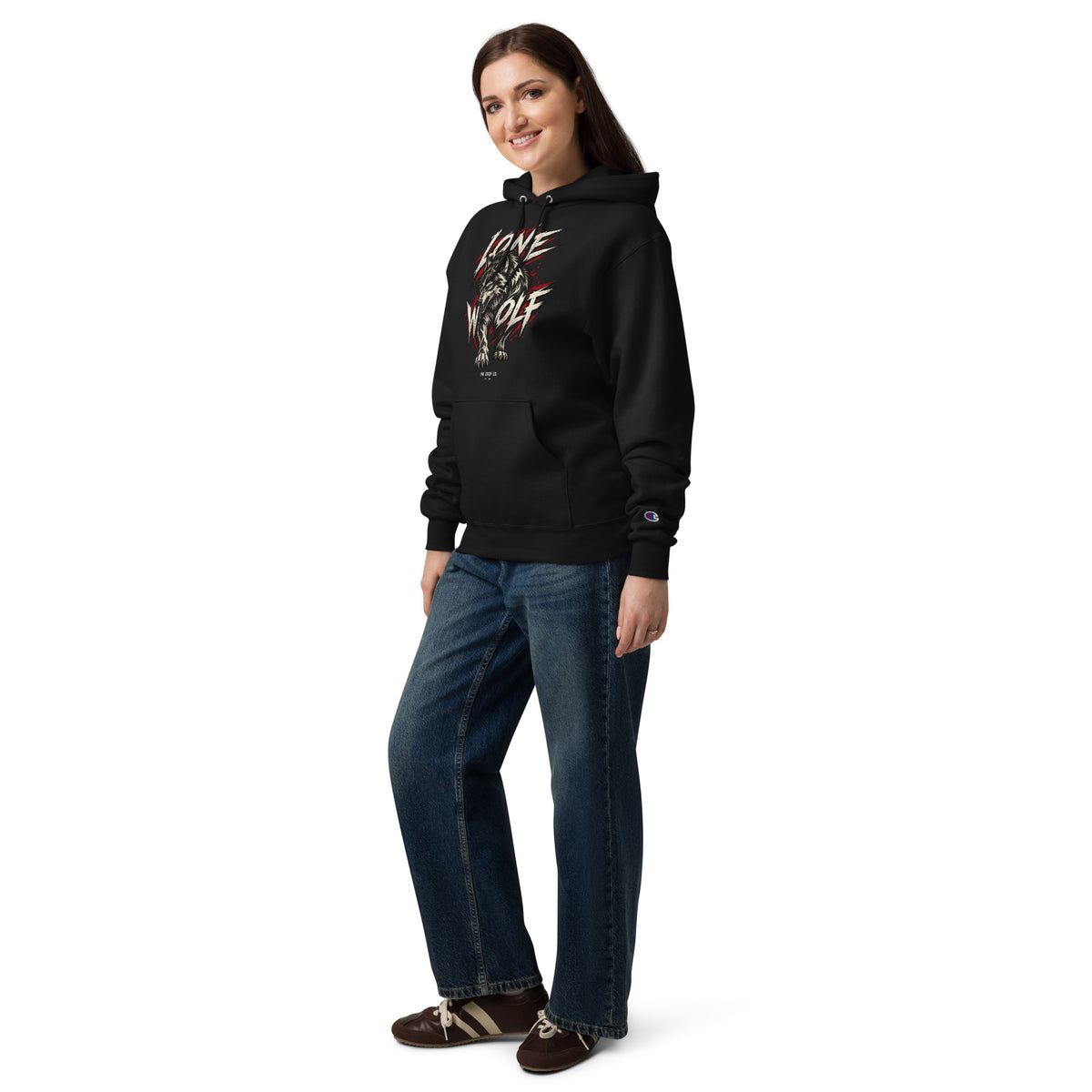 Black women's graphic hoodie with a wolf print, kangaroo pocket, and Champion sleeve logo