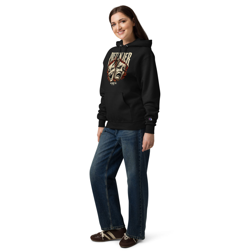 Black Champion hoodie with theater mask graphic and front pouch pocket, shown from the front