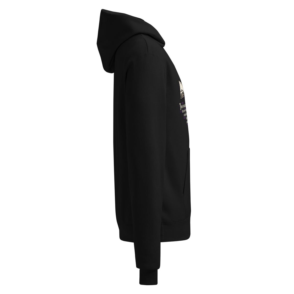 Black unisex pullover hoodie angled side view with hood and sleeve graphic