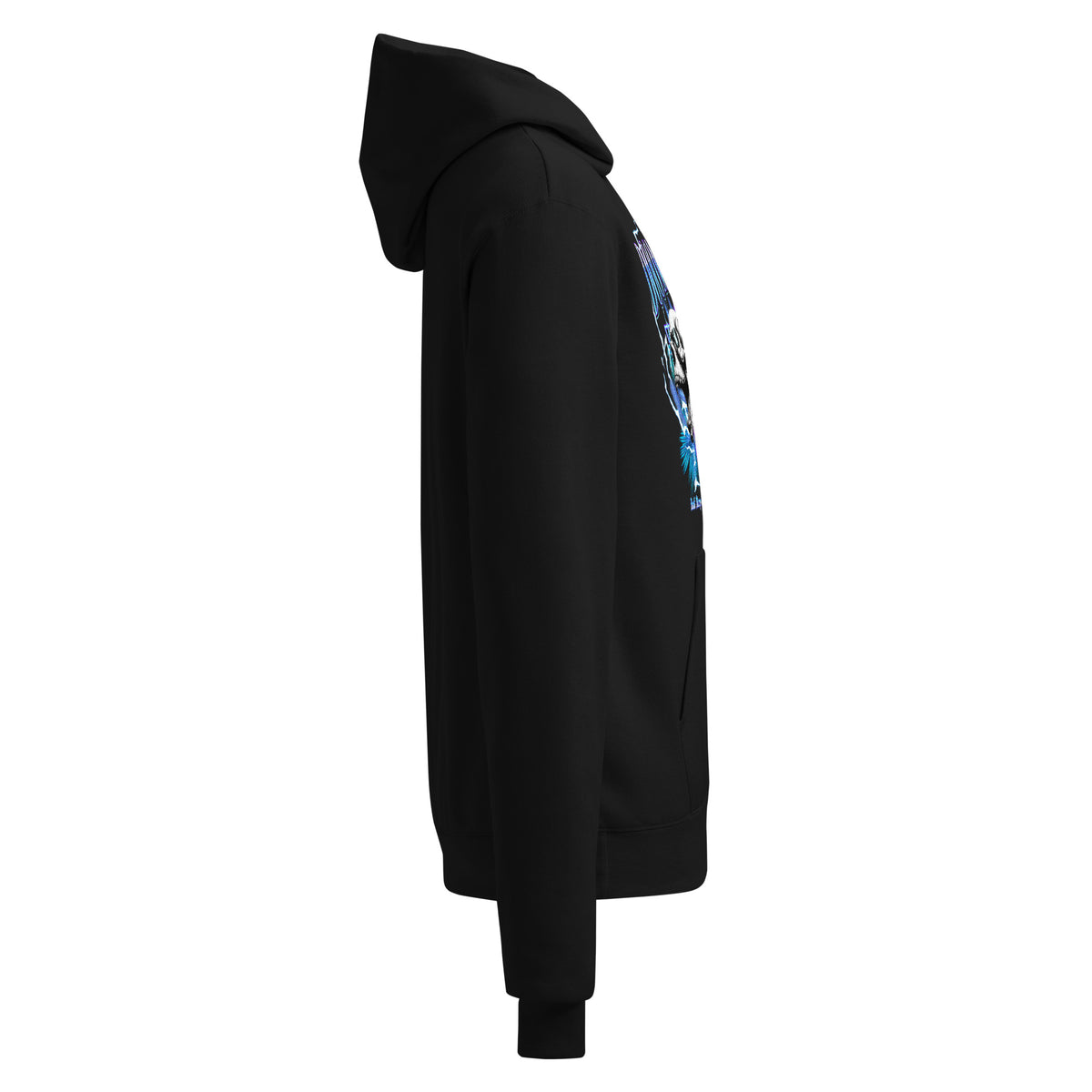 Black unisex champion hoodie side view featuring blue DOOMSDAY graphic panel